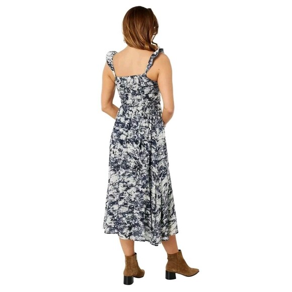 Anthropologie MOON RIVER Printed Ruffle Sleeve Dress Tunneling Detail Navy S - Picture 2 of 2